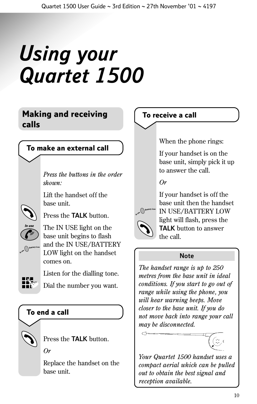 BT 1500 manual Using your Quartet, Making and receiving calls, To make an external call To receive a call, To end a call 