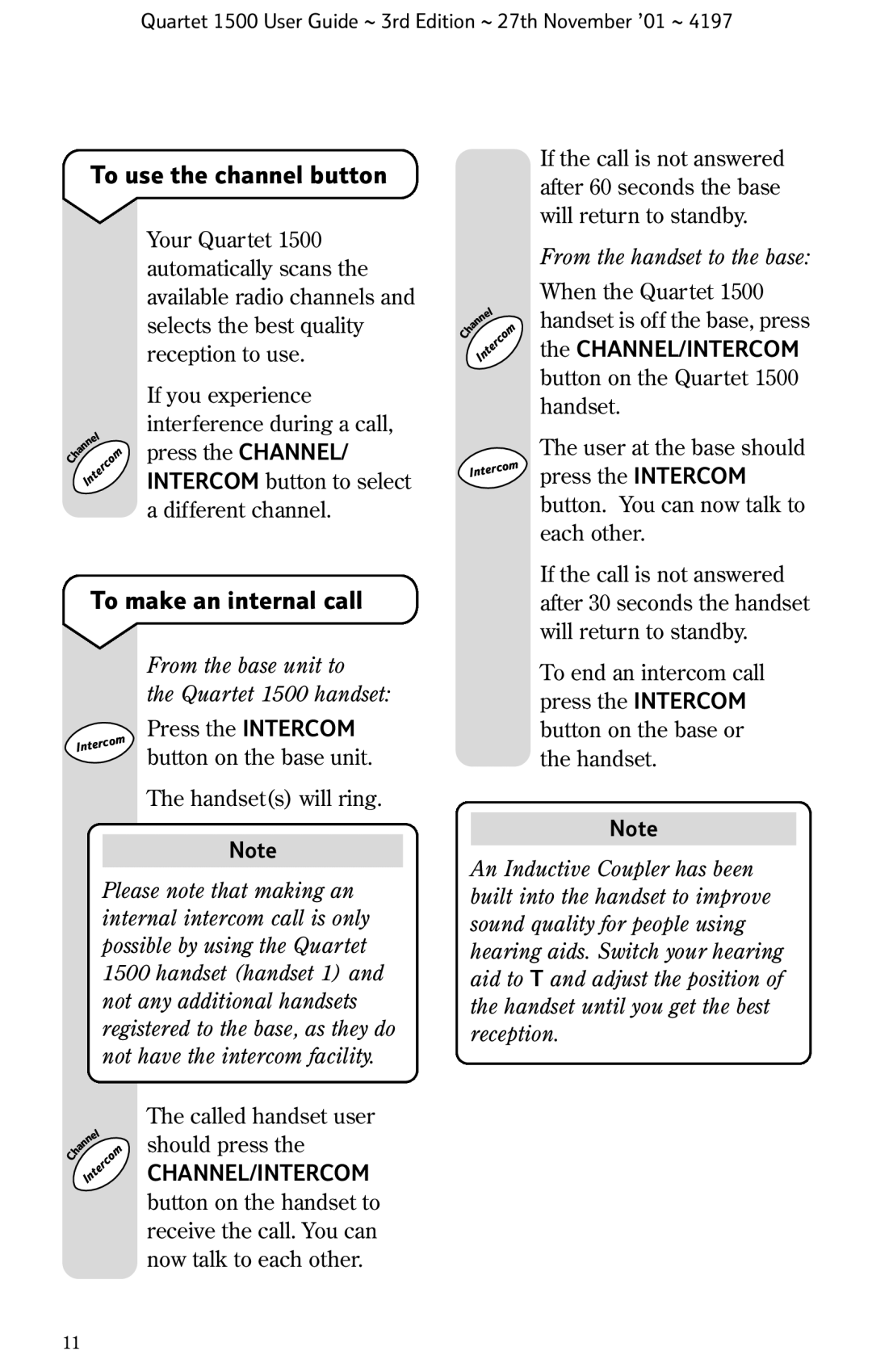 BT 1500 manual To use the channel button, To make an internal call, From the handset to the base 