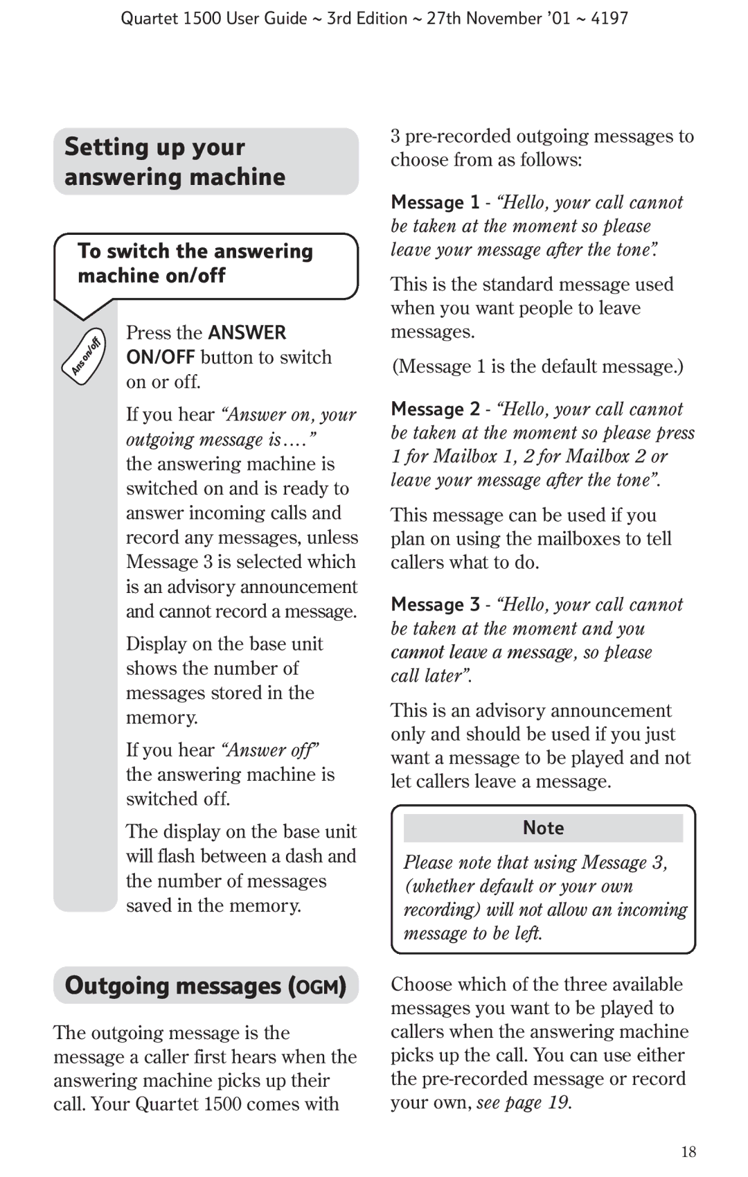 BT 1500 manual Setting up your answering machine, Outgoing messages OGM, If you hear Answer on, your outgoing message is 