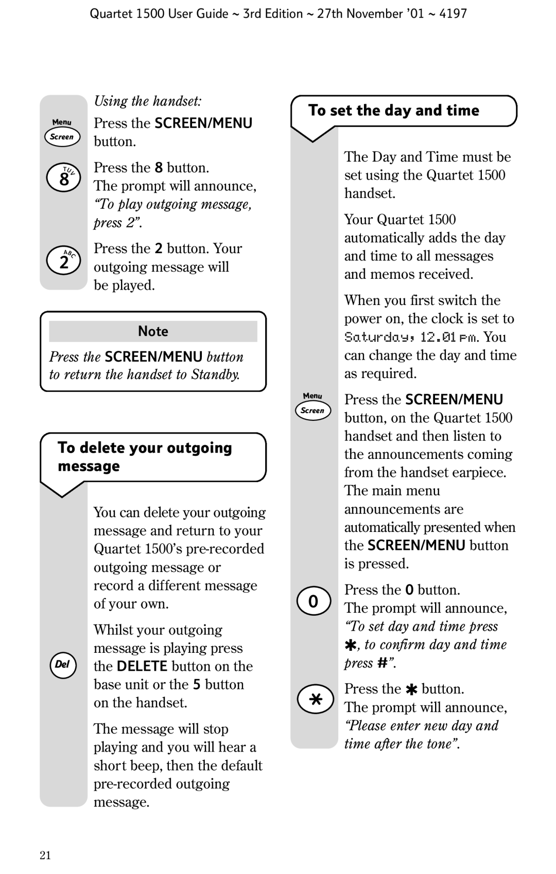 BT 1500 manual To delete your outgoing message, To set the day and time, Press the SCREEN/MENU, SCREEN/MENU button 