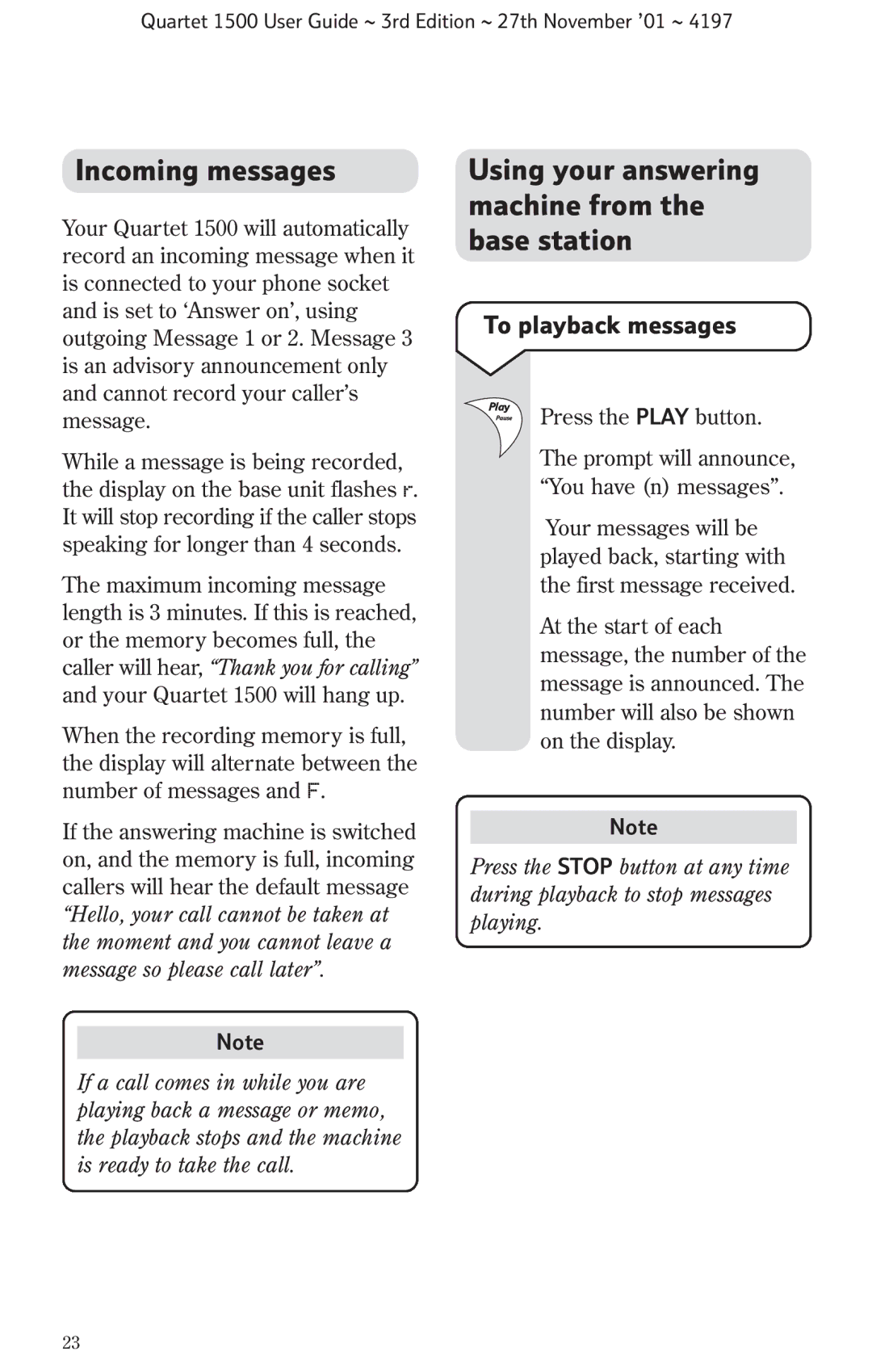 BT 1500 manual Incoming messages, Using your answering machine from the base station, To playback messages 