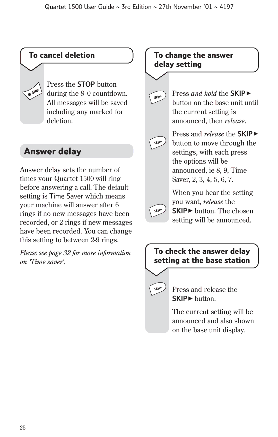 BT 1500 manual Answer delay, To cancel deletion, To change the answer delay setting 