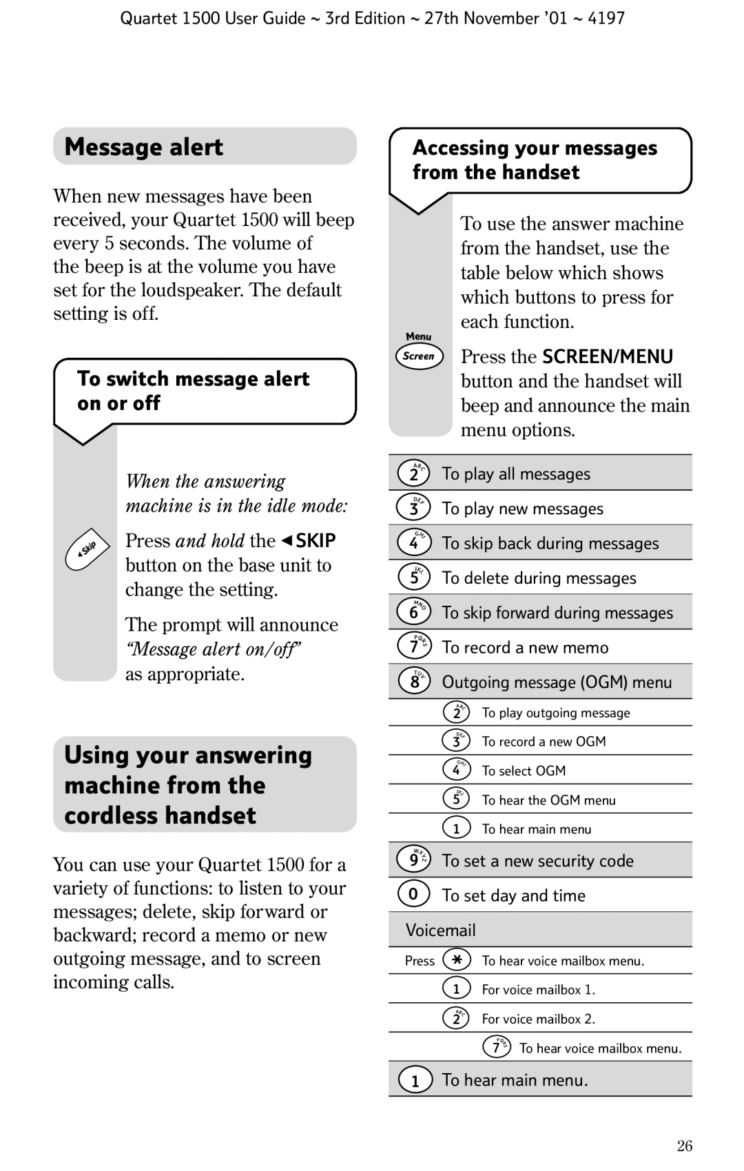 BT 1500 manual Message alert, Using your answering machine from the cordless handset, To switch message alert on or off 