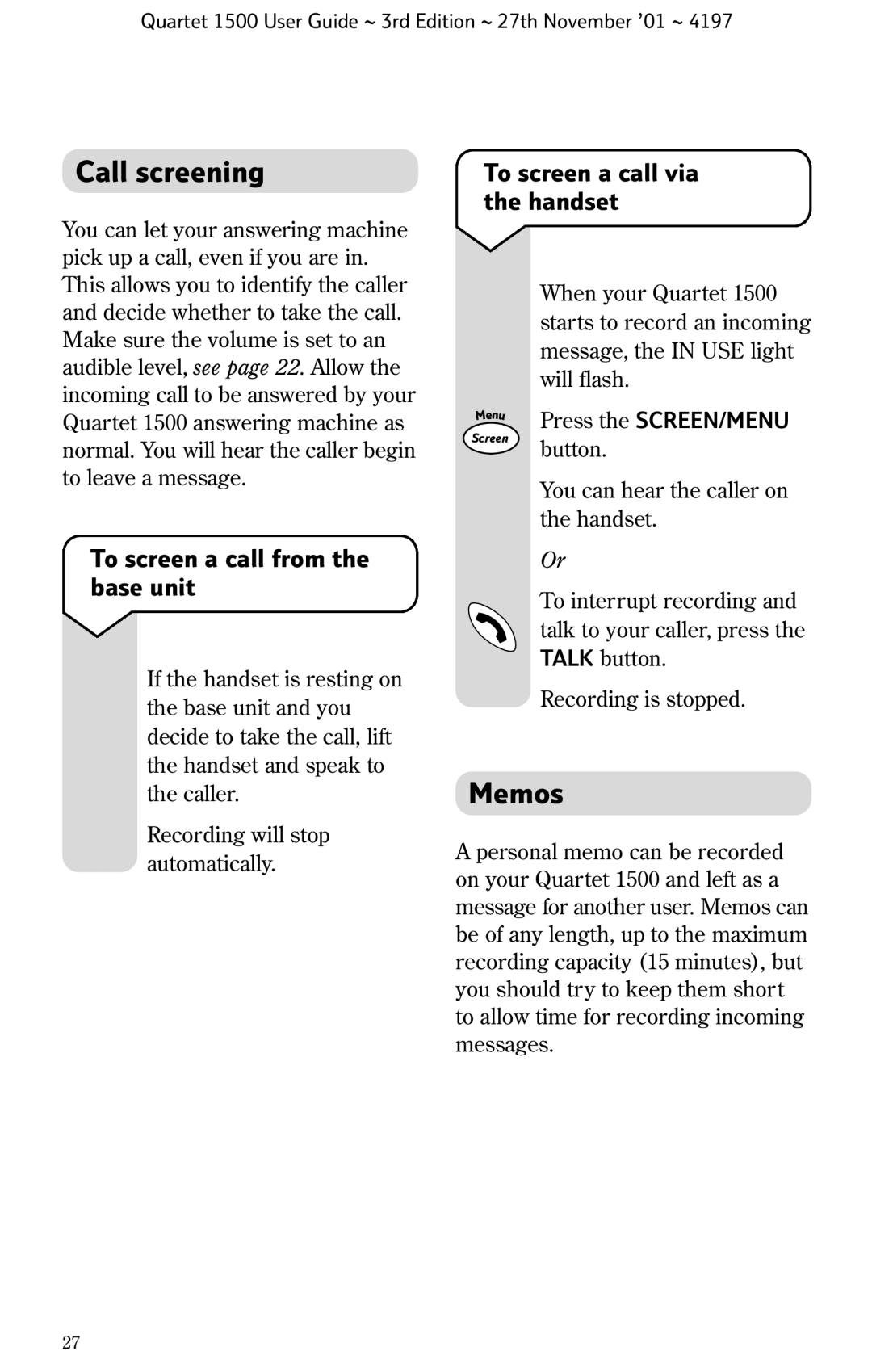 BT 1500 manual Call screening, Memos, To screen a call from the base unit, To screen a call via the handset 