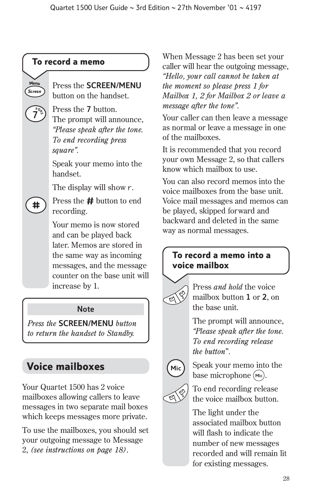 BT 1500 manual Voice mailboxes, To record a memo into a voice mailbox 