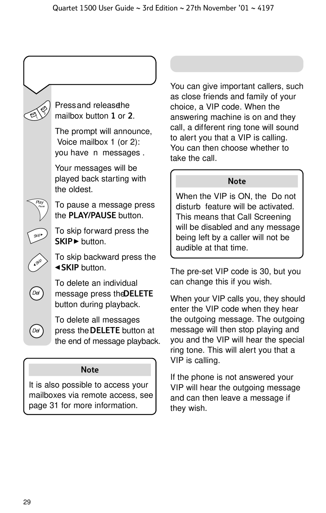 BT 1500 manual VIP access, To play a message in a voice mailbox, Voice mailbox 1 or, You have ‘n’ messages 