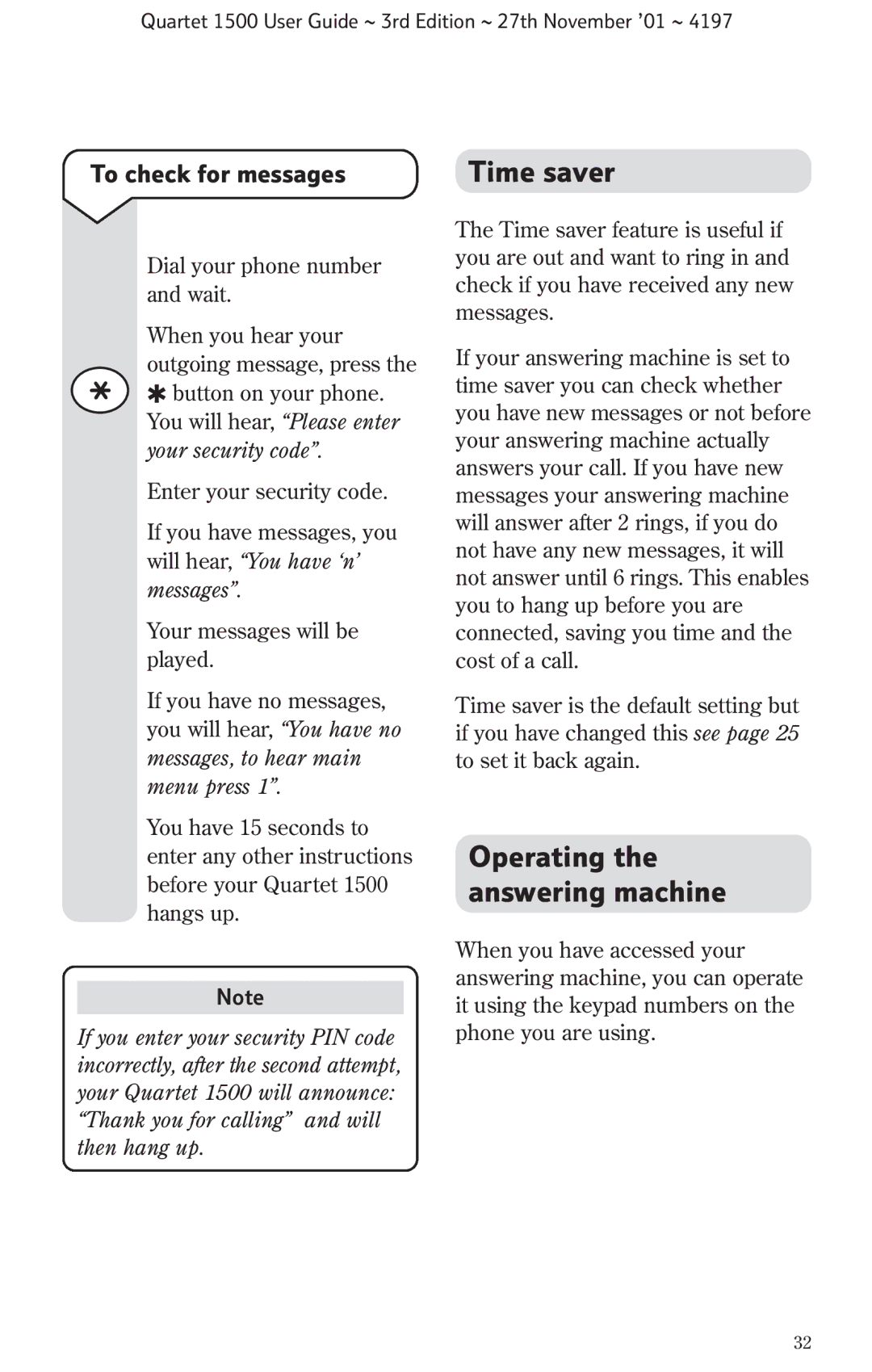 BT 1500 manual Time saver, Operating the answering machine, To check for messages 