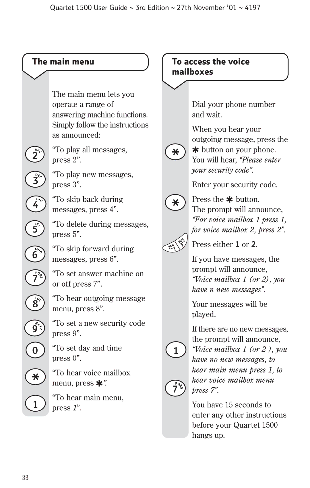 BT 1500 manual Main menu, To access the voice mailboxes 