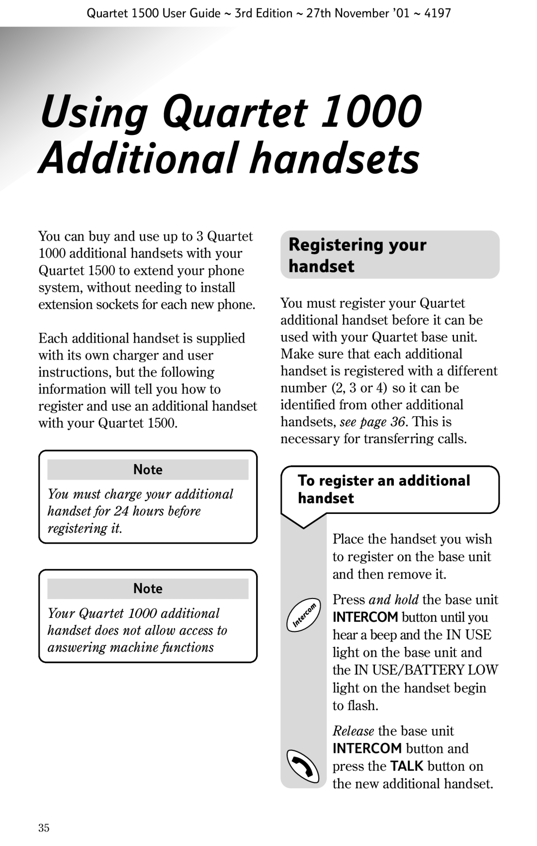 BT 1500 manual Registering your handset, To register an additional handset 