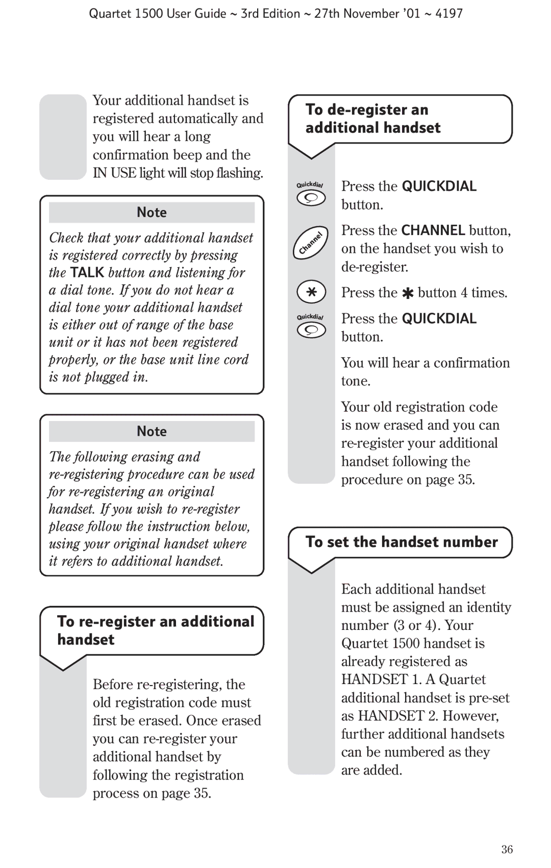 BT 1500 manual To re-register an additional handset, To de-register an, Additional handset, To set the handset number 