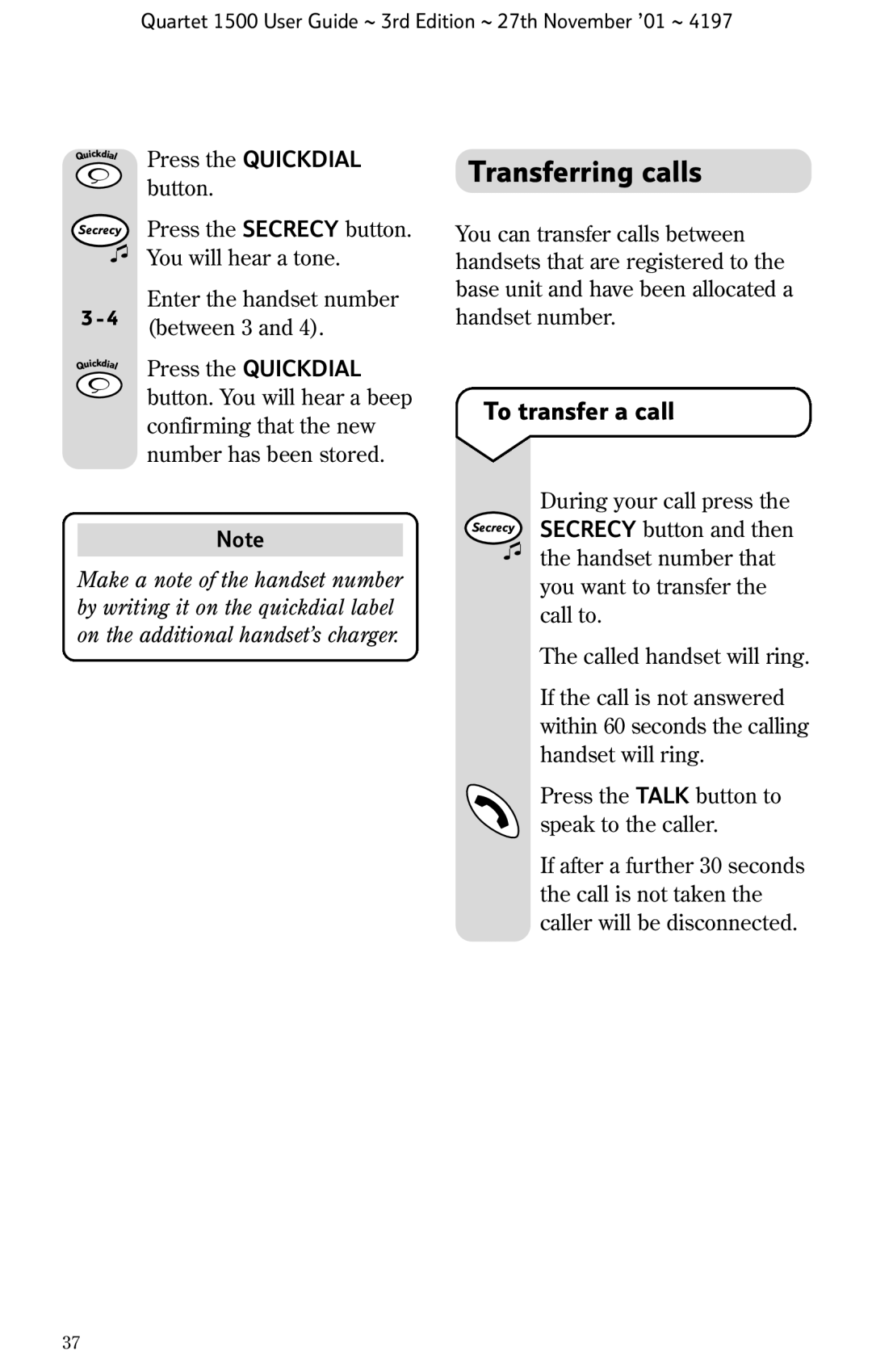 BT 1500 manual Transferring calls, To transfer a call 