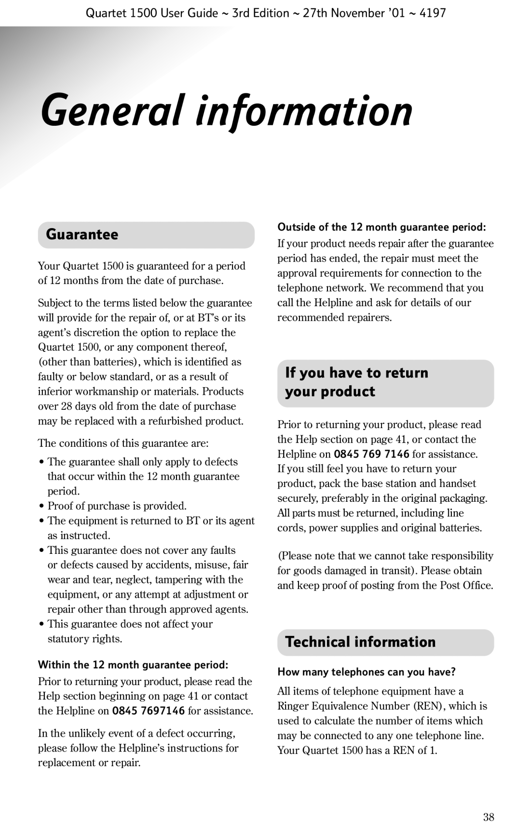 BT 1500 manual General information, Guarantee, If you have to return your product, Technical information 