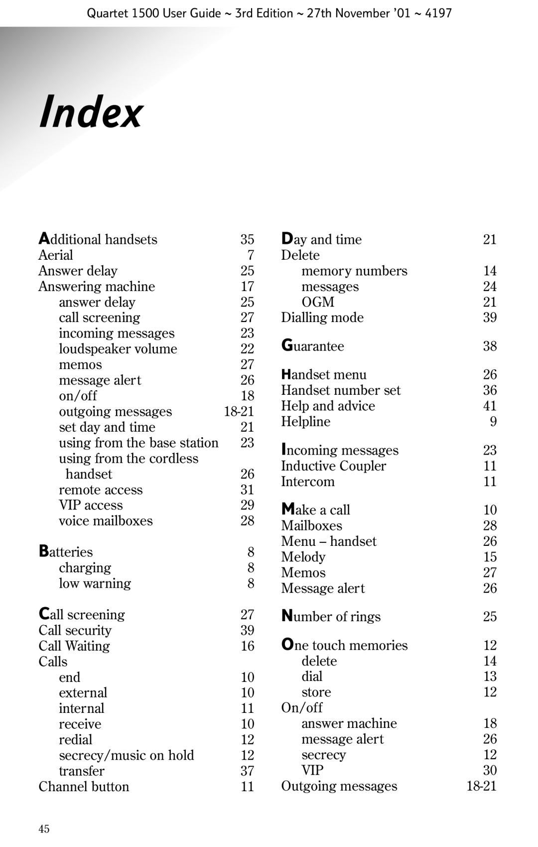 BT 1500 manual Index, Ogm 