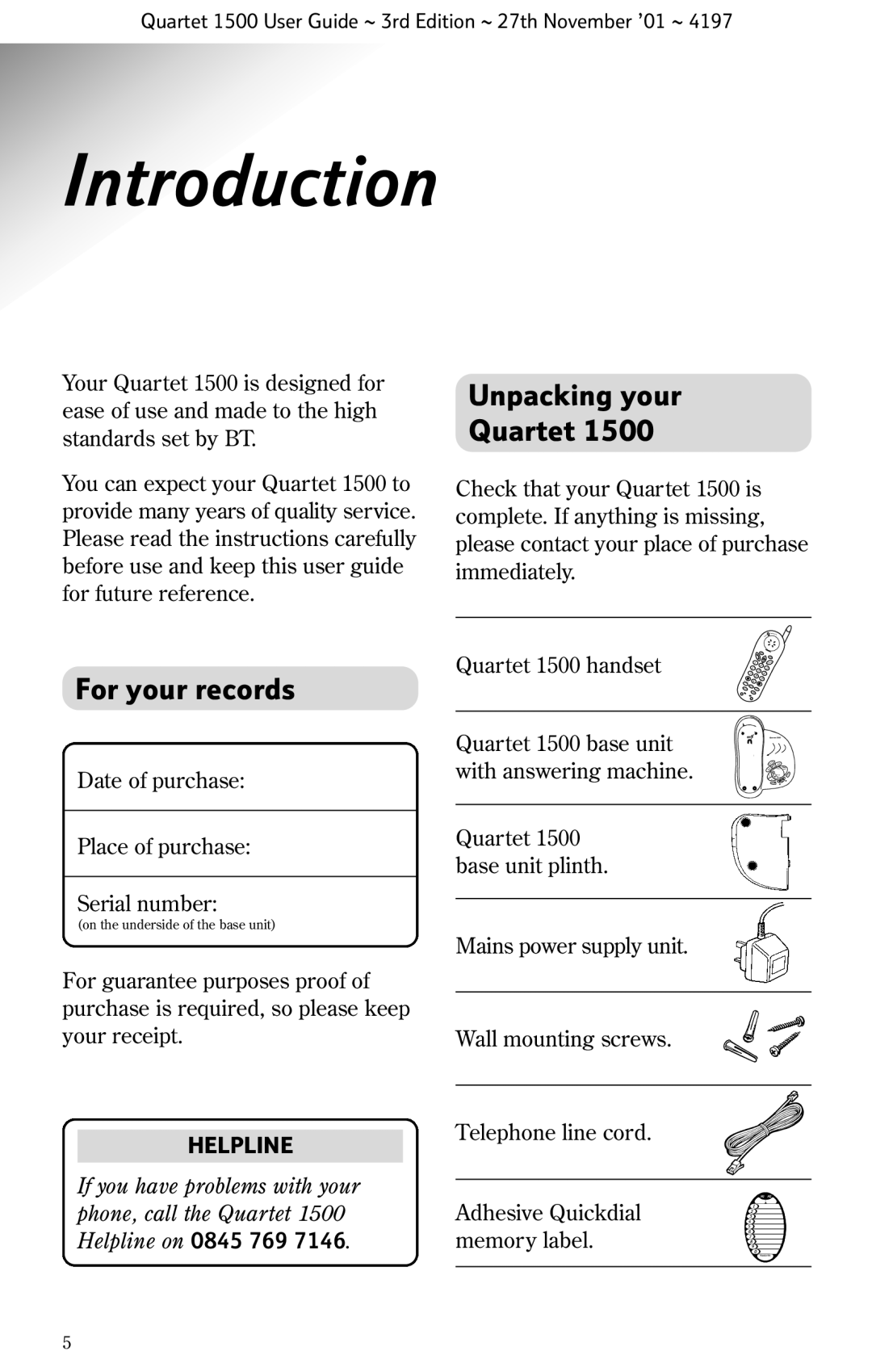 BT 1500 manual Introduction, Unpacking your Quartet, For your records 