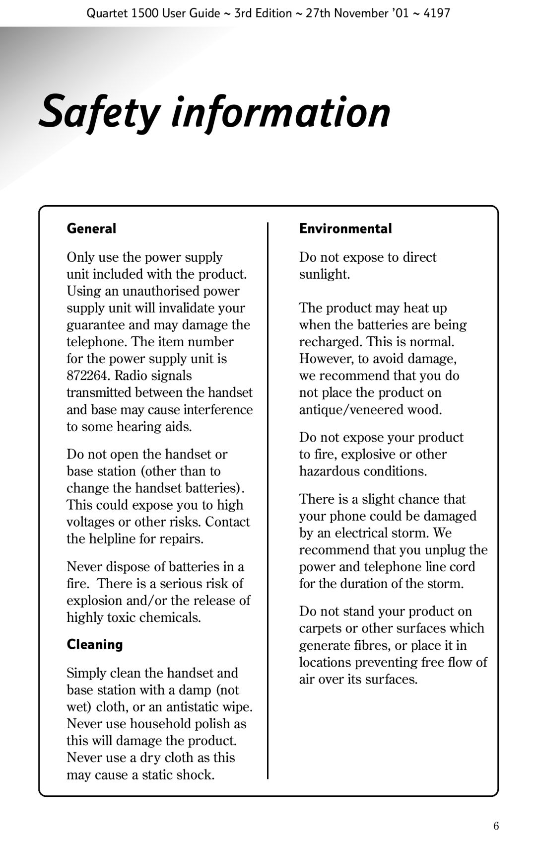 BT 1500 manual Safety information, General, Cleaning, Environmental 