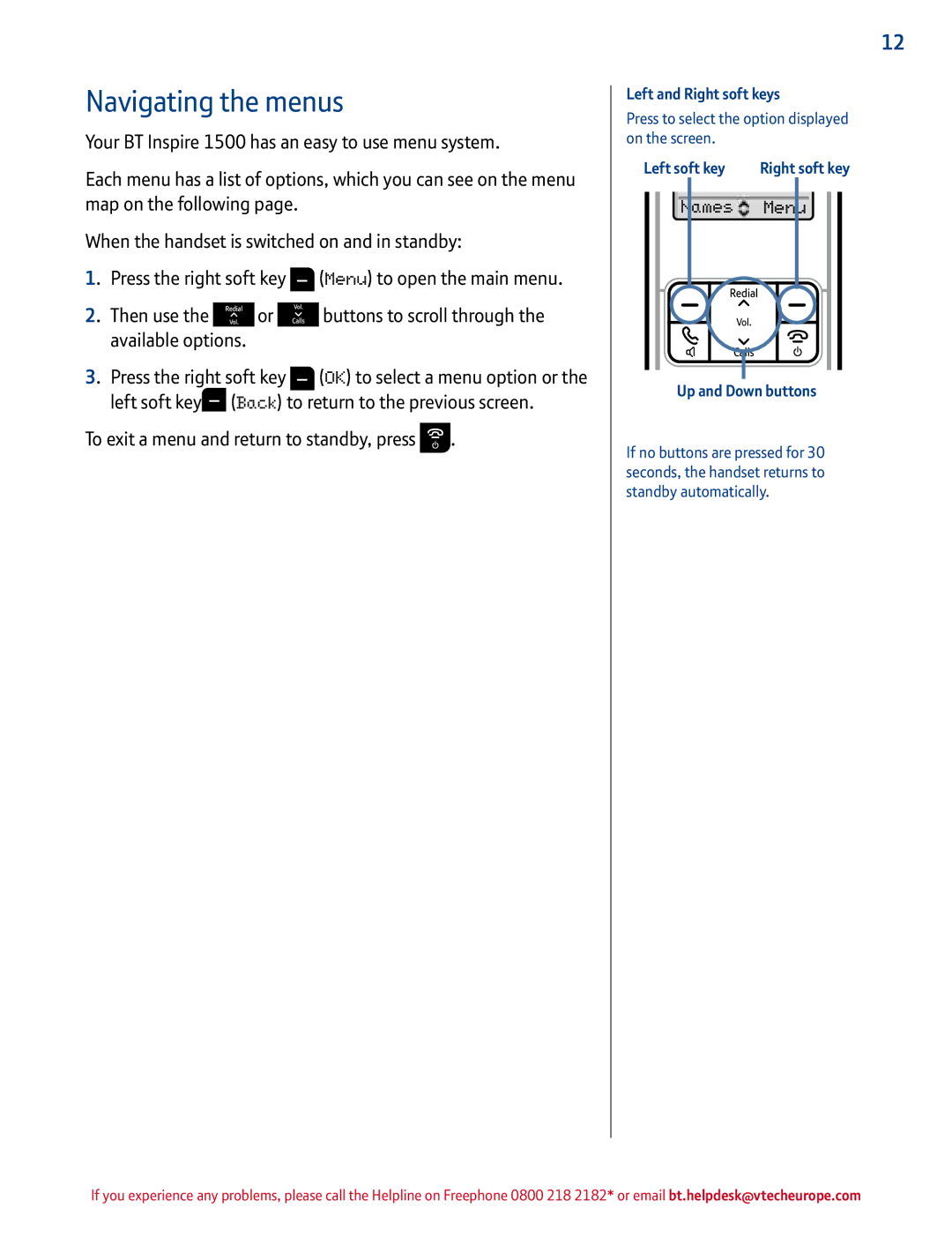 BT 1500 manual Navigating the menus, To exit a menu and return to standby, press, Left and Right soft keys, Left soft key 