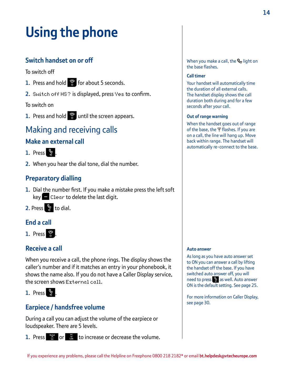 BT 1500 manual Using the phone, Making and receiving calls 