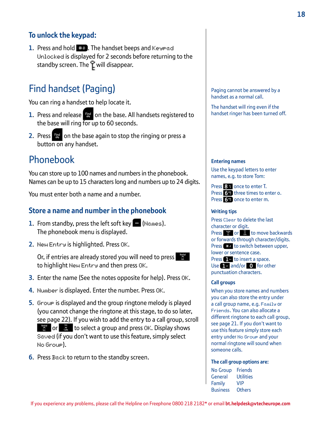 BT 1500 manual Find handset Paging, Phonebook, To unlock the keypad, Store a name and number in the phonebook 