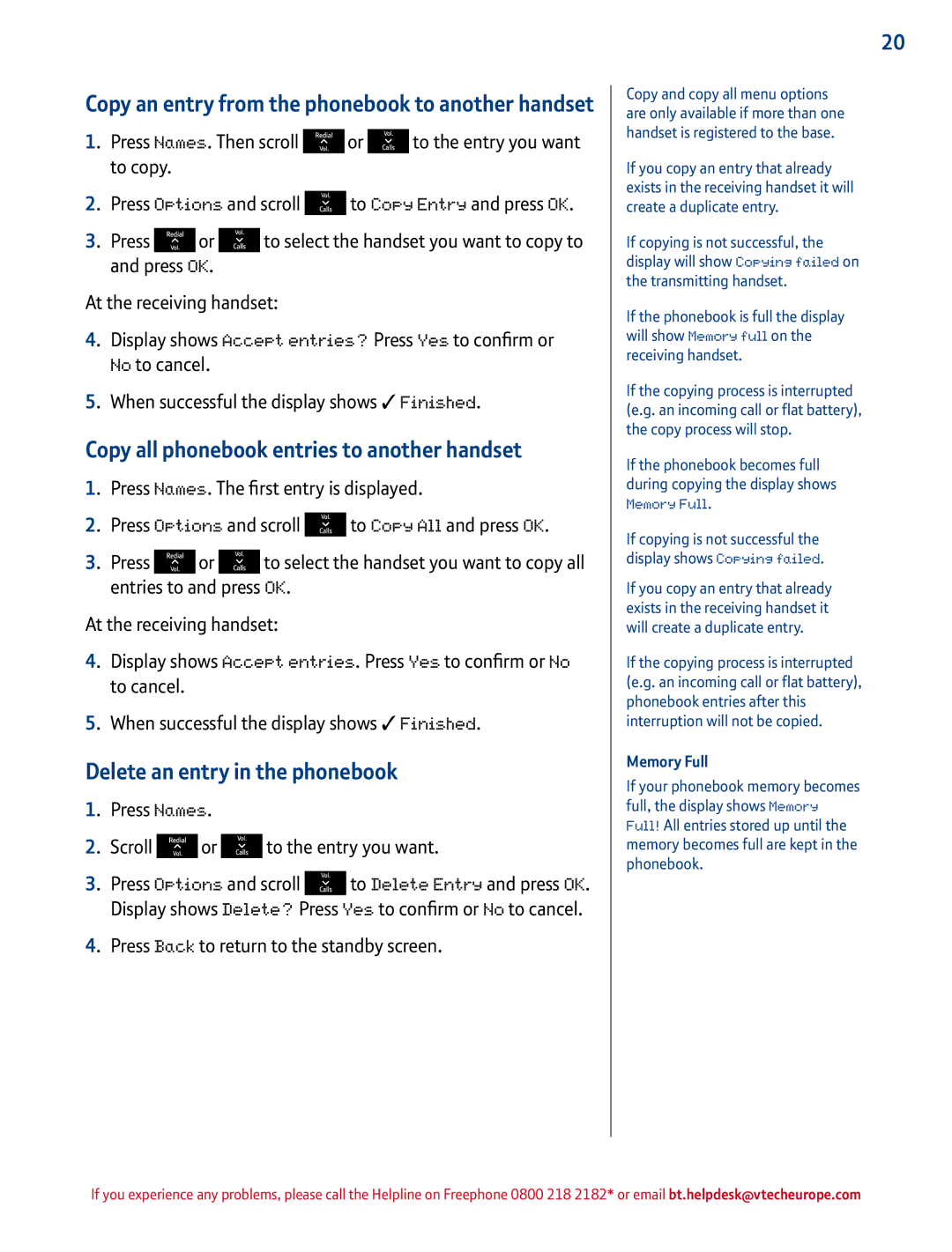BT 1500 manual Copy all phonebook entries to another handset, Delete an entry in the phonebook, Memory Full 