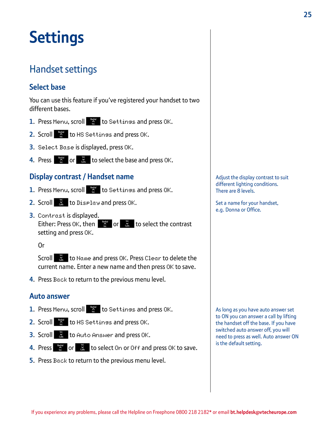 BT 1500 manual Settings, Handset settings, Select base, Display contrast / Handset name, Auto answer 