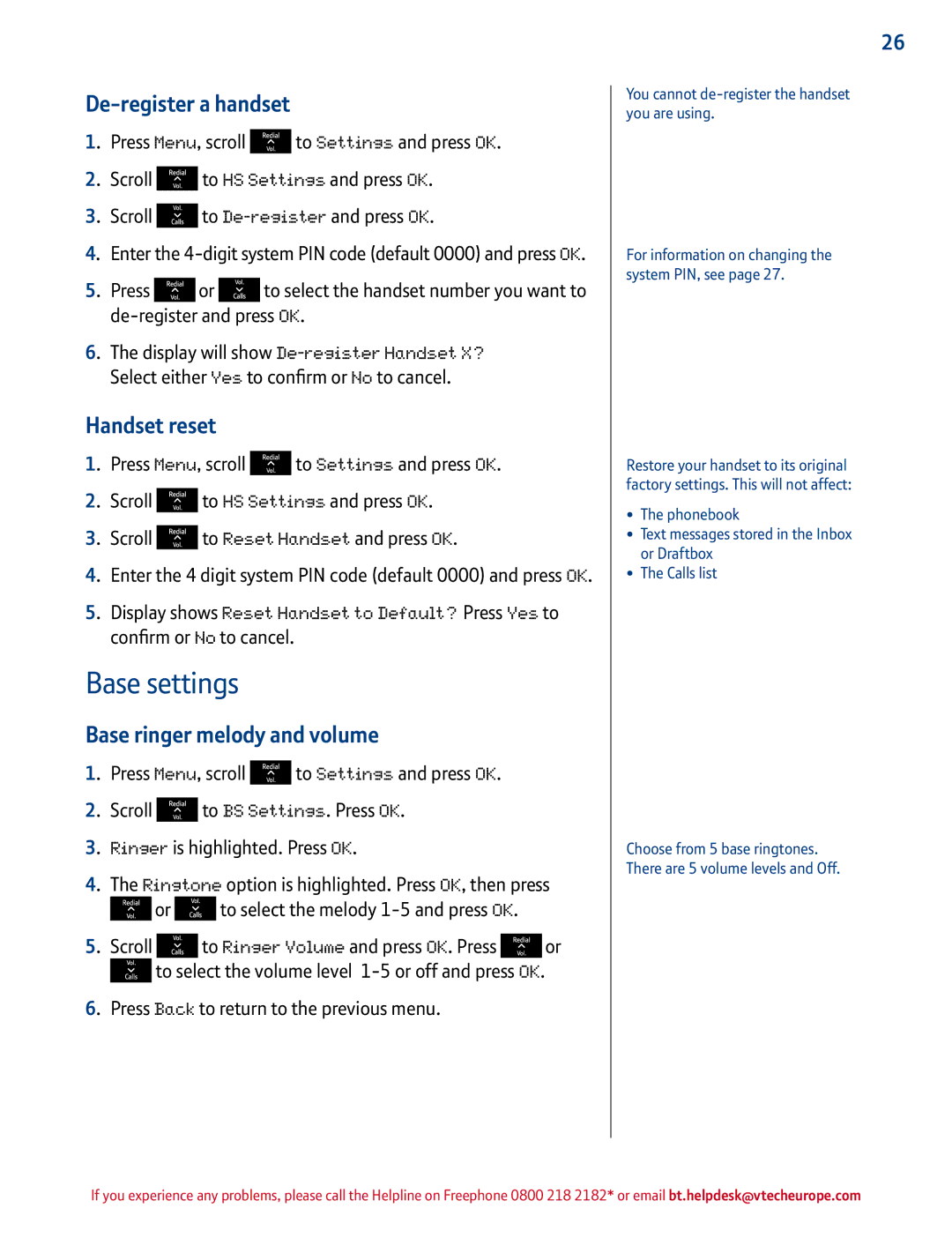 BT 1500 manual Base settings, De-register a handset, Handset reset, Base ringer melody and volume 