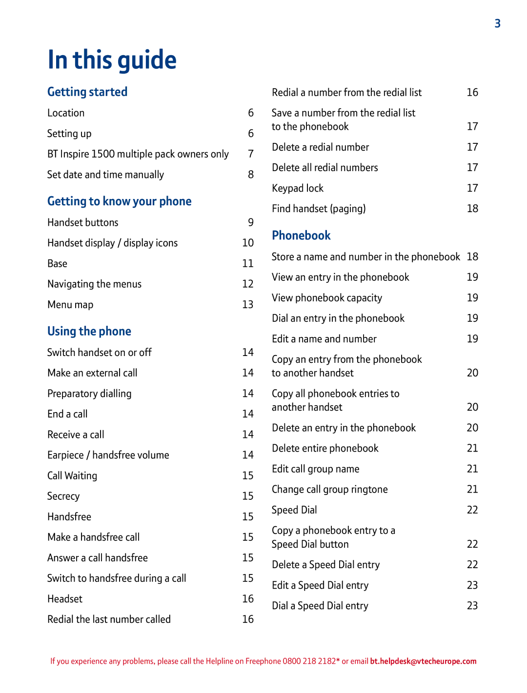 BT 1500 manual This guide, Getting started, Getting to know your phone, Using the phone, Phonebook 