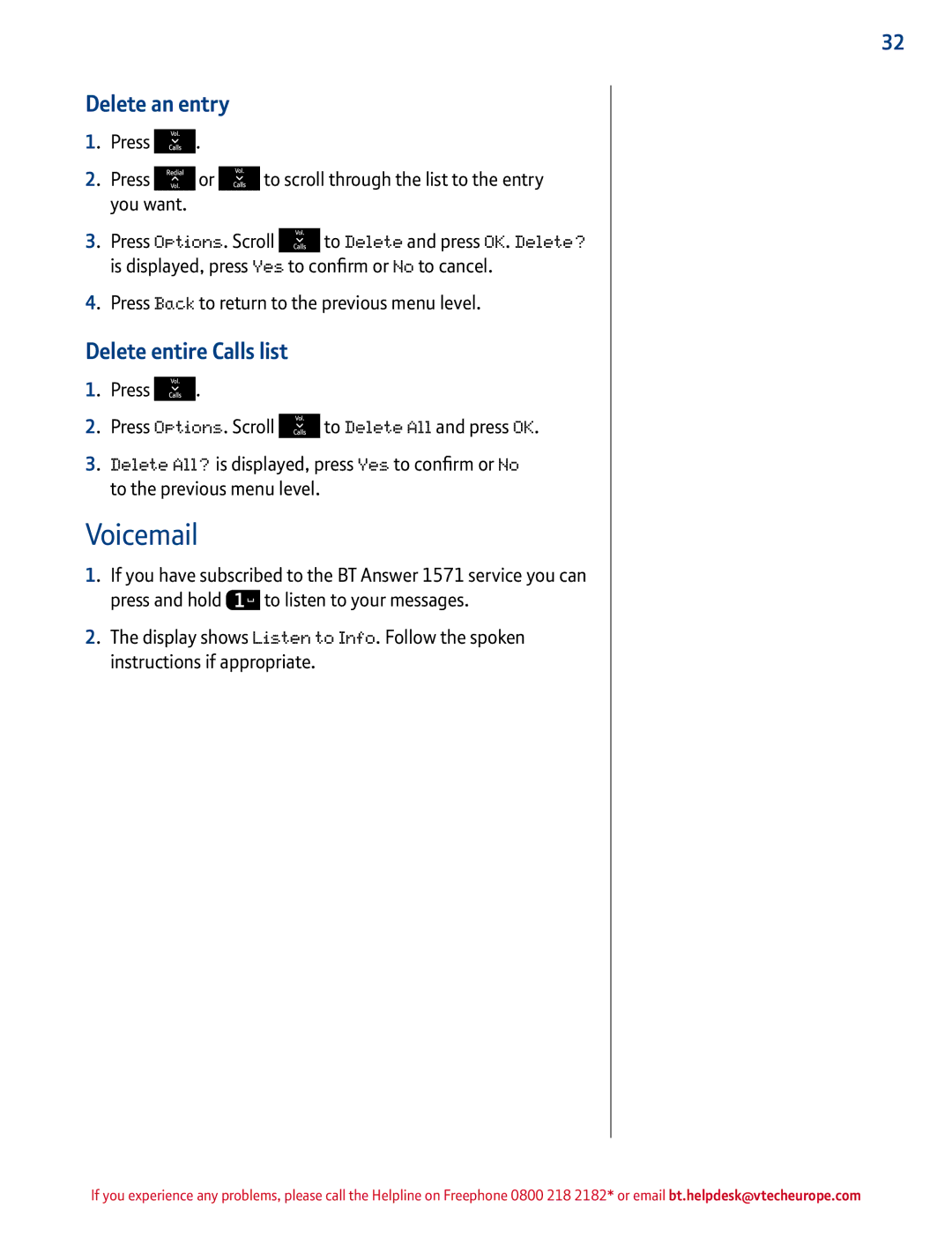 BT 1500 manual Voicemail, Delete an entry, Delete entire Calls list 