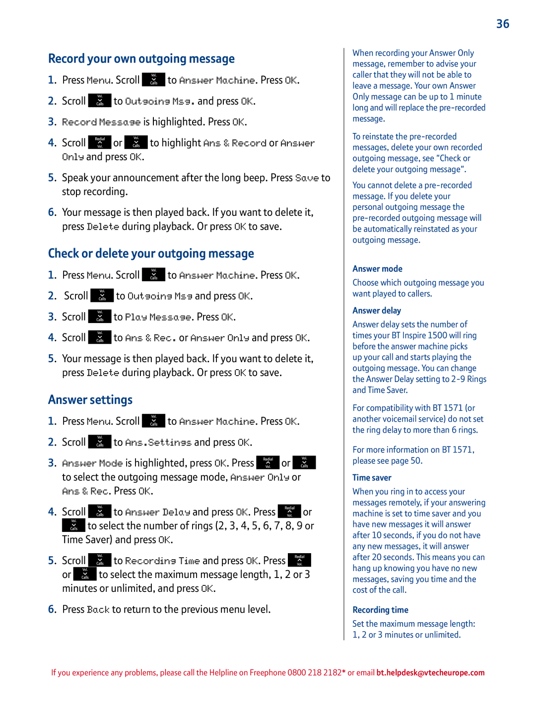 BT 1500 manual Record your own outgoing message, Check or delete your outgoing message, Answer settings 