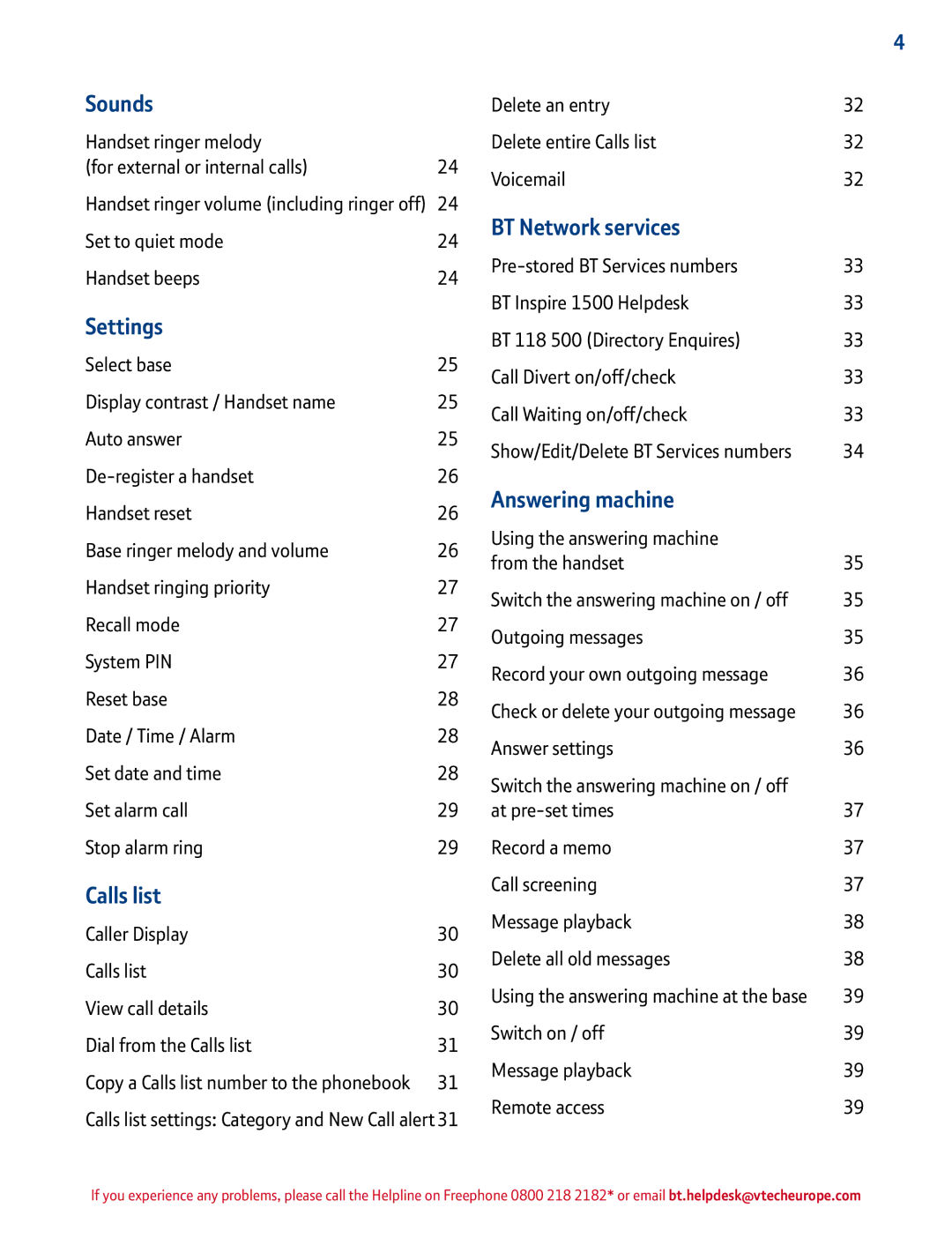 BT 1500 manual Sounds, BT Network services, Settings, Answering machine, Calls list 