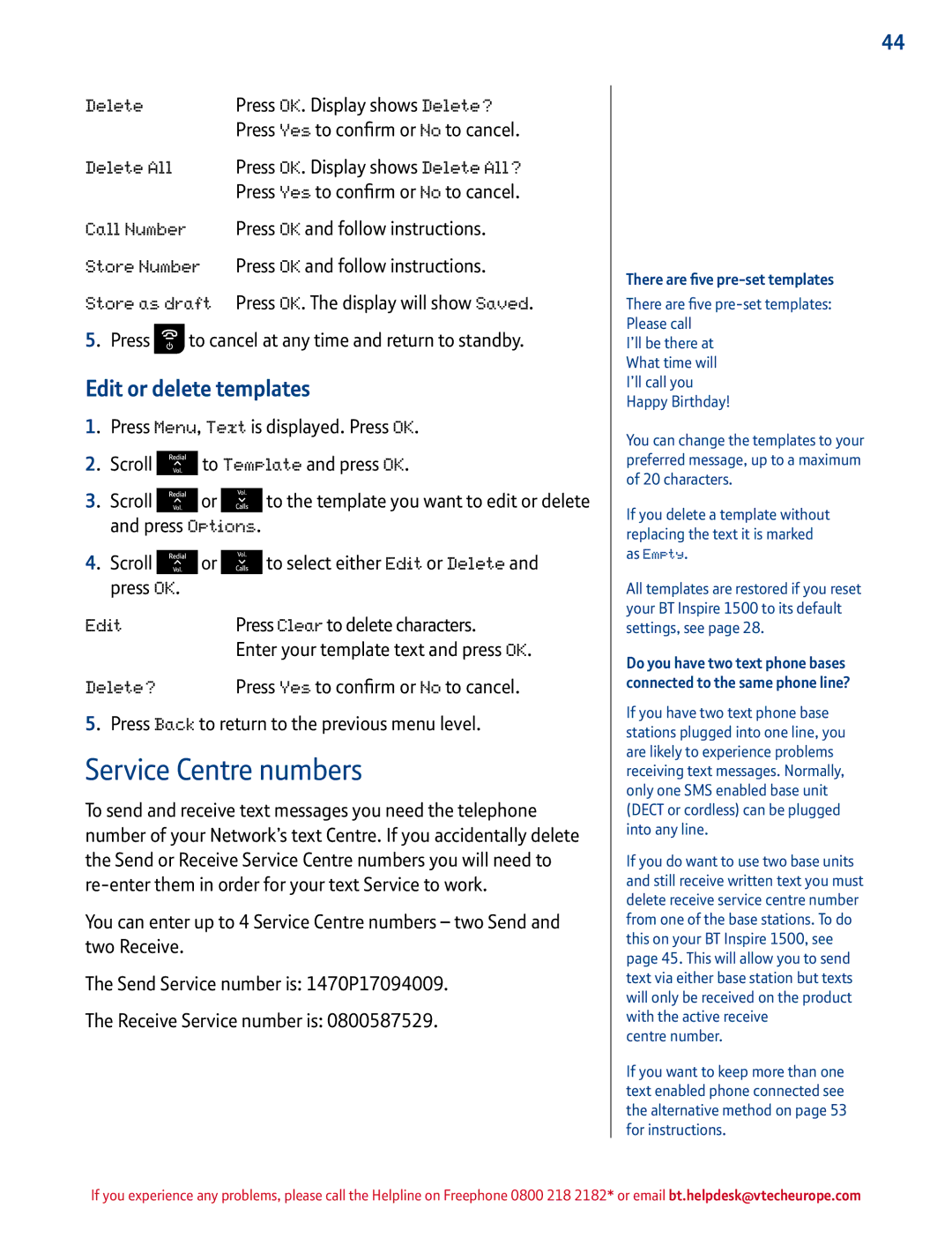 BT 1500 manual Service Centre numbers, Edit or delete templates, Press OK and follow instructions 