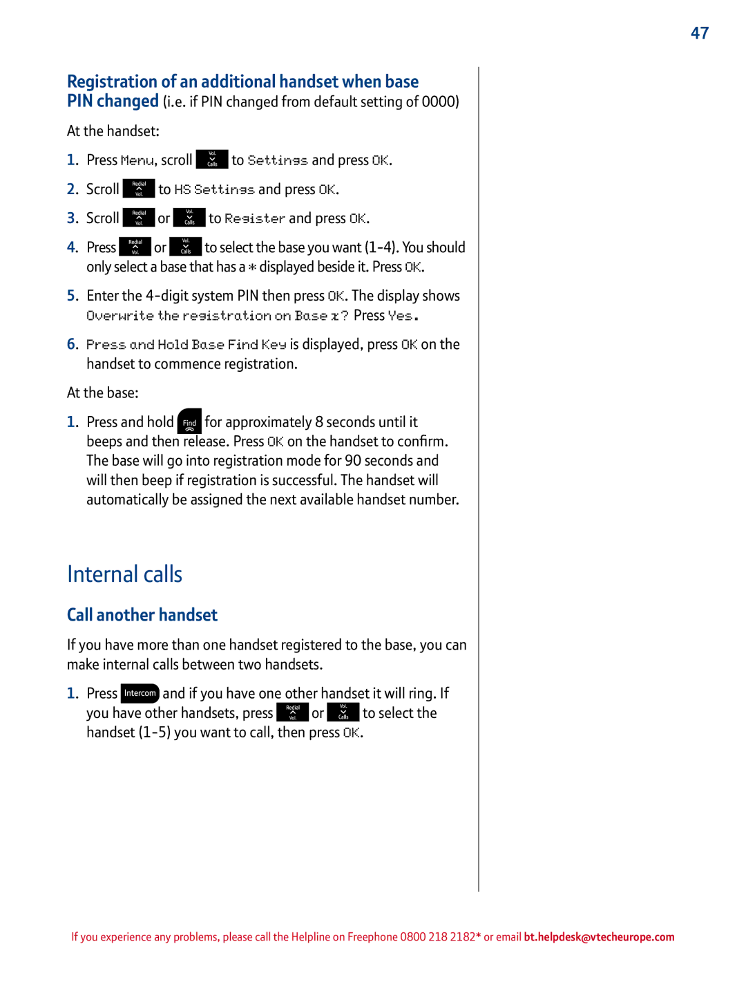 BT 1500 manual Internal calls, Registration of an additional handset when base, Call another handset, At the base 