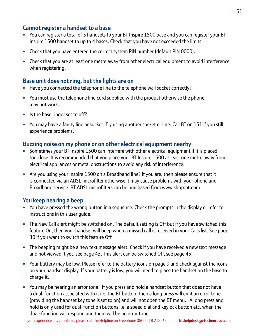 BT 1500 manual Cannot register a handset to a base, Base unit does not ring, but the lights are on, You keep hearing a beep 