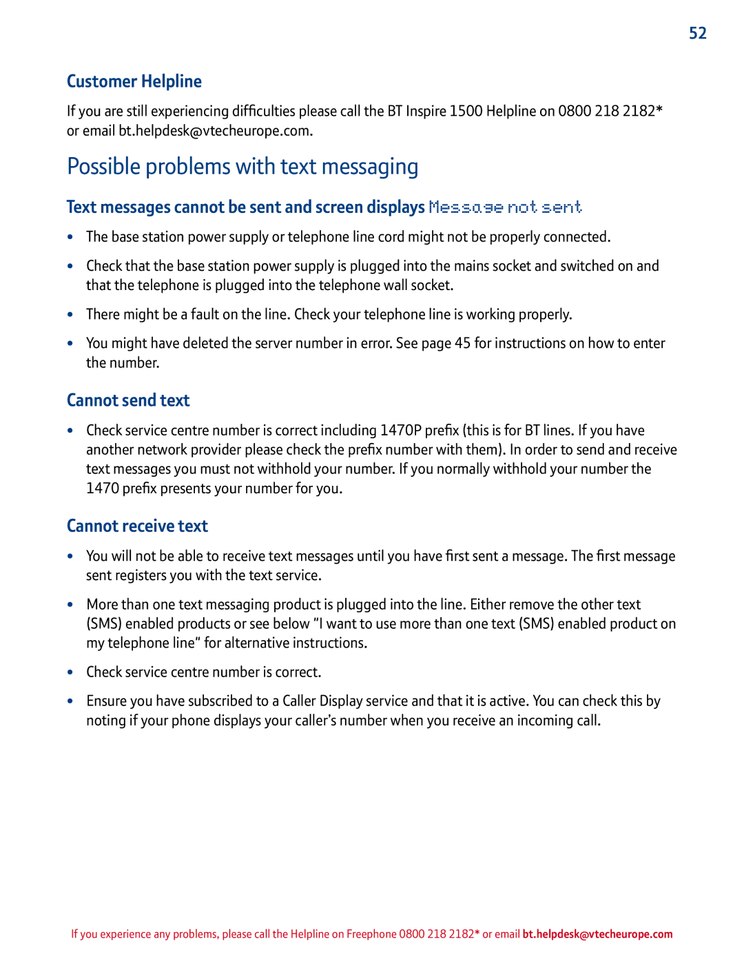 BT 1500 manual Possible problems with text messaging, Customer Helpline, Cannot send text, Cannot receive text 