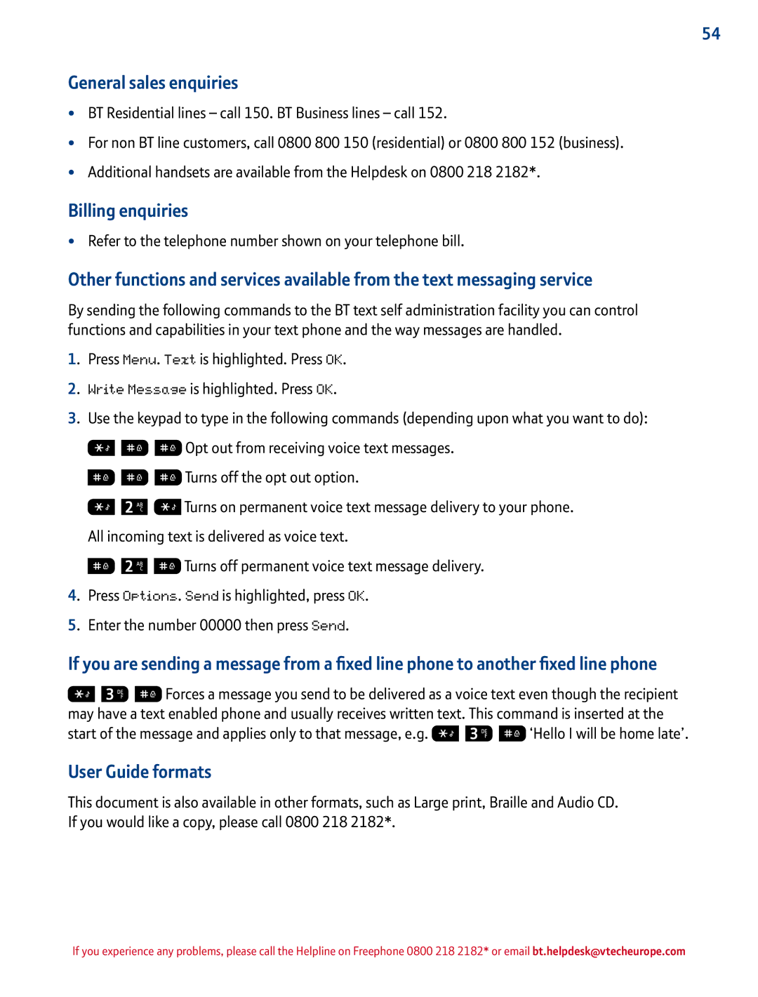 BT 1500 manual General sales enquiries, Billing enquiries, User Guide formats 