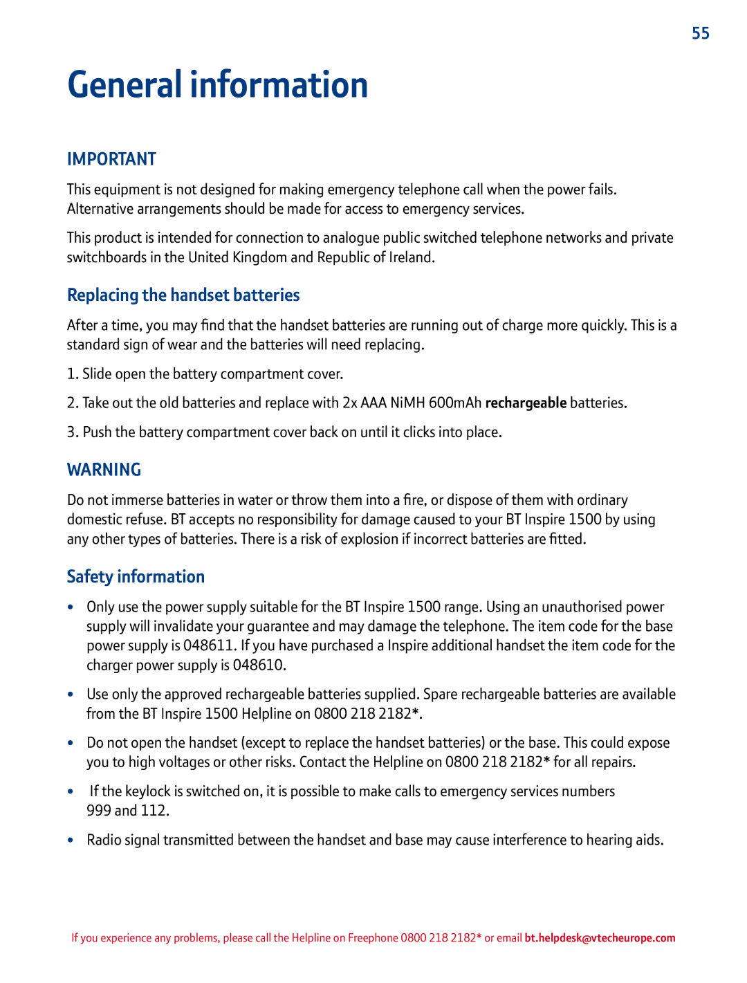 BT 1500 manual General information, Replacing the handset batteries, Safety information 