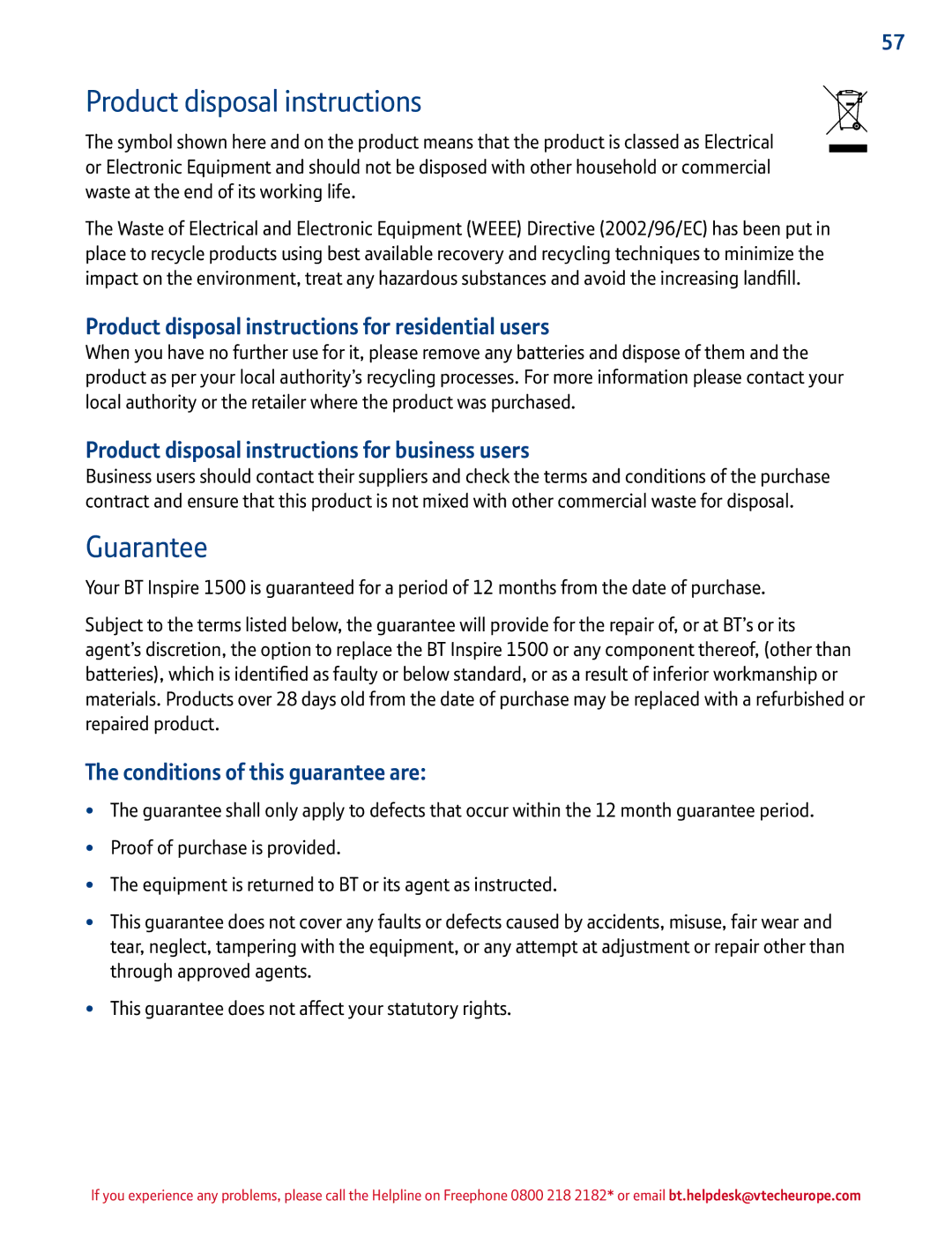 BT 1500 manual Guarantee, Product disposal instructions for residential users, Conditions of this guarantee are 