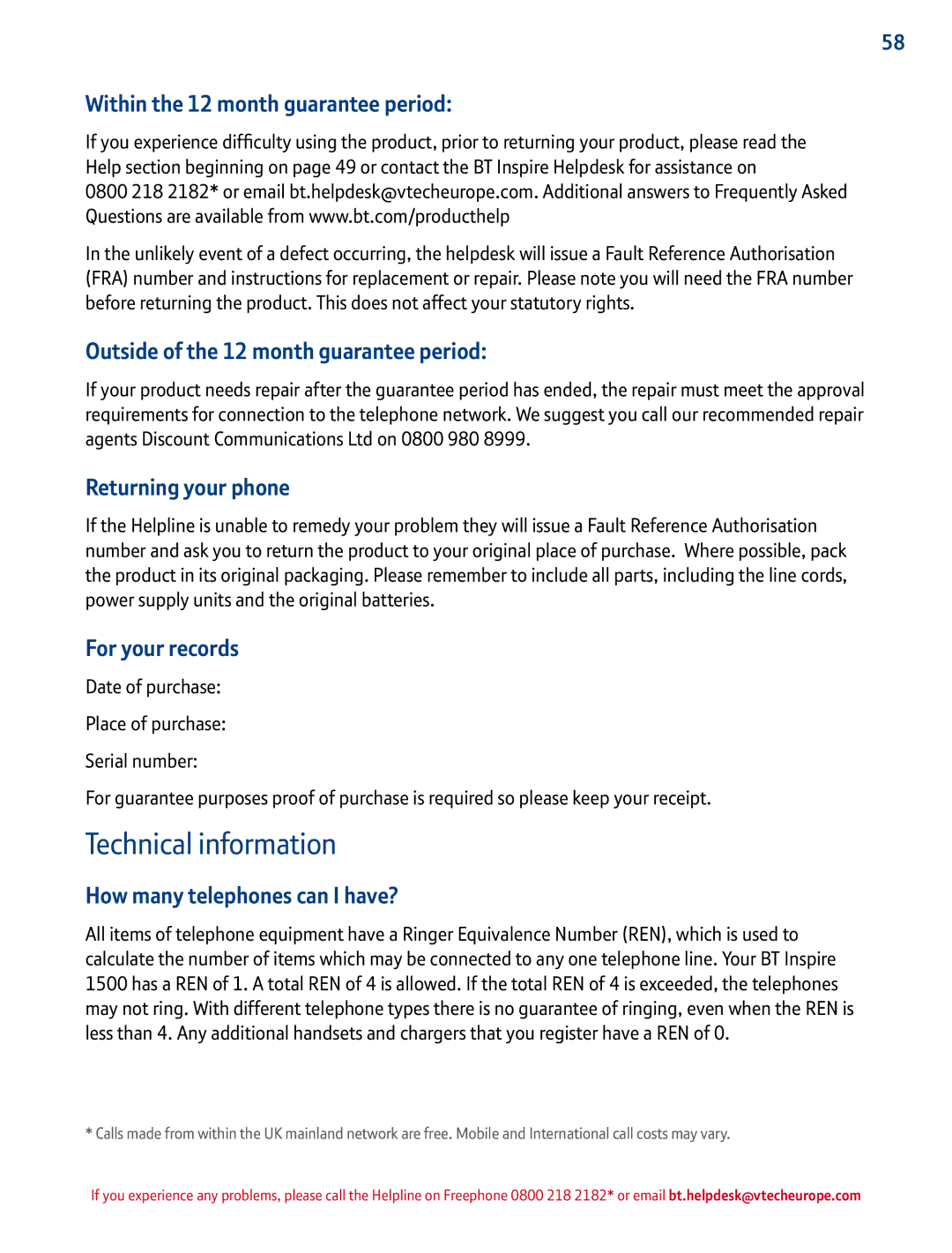 BT 1500 Technical information, Within the 12 month guarantee period, For your records, How many telephones can I have? 