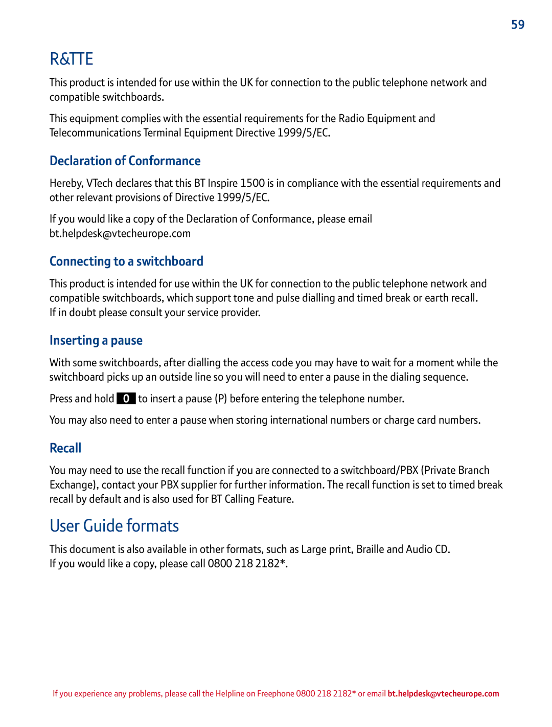 BT 1500 manual User Guide formats, Declaration of Conformance, Connecting to a switchboard, Inserting a pause, Recall 