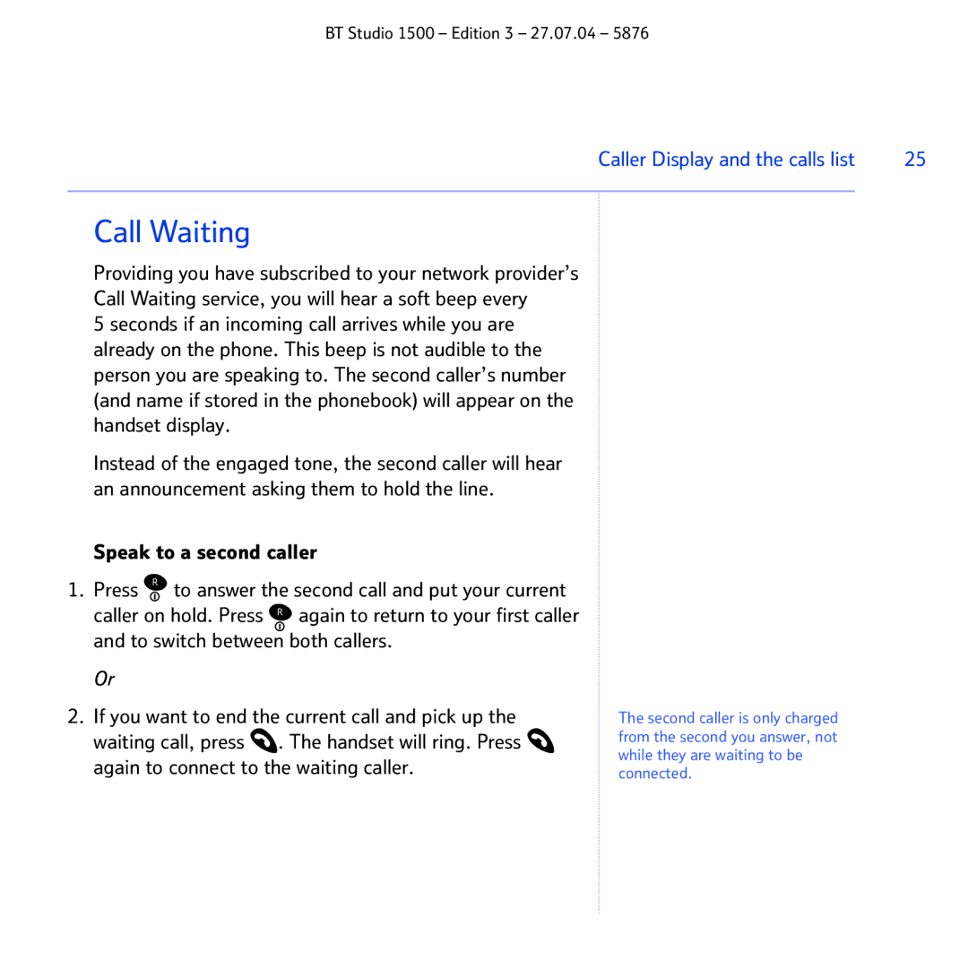 BT 1500 manual Call Waiting, Speak to a second caller, Caller Display and the calls list 