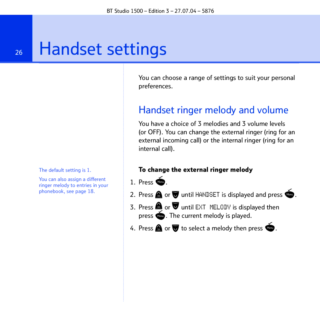 BT 1500 manual Handset settings, Handset ringer melody and volume 