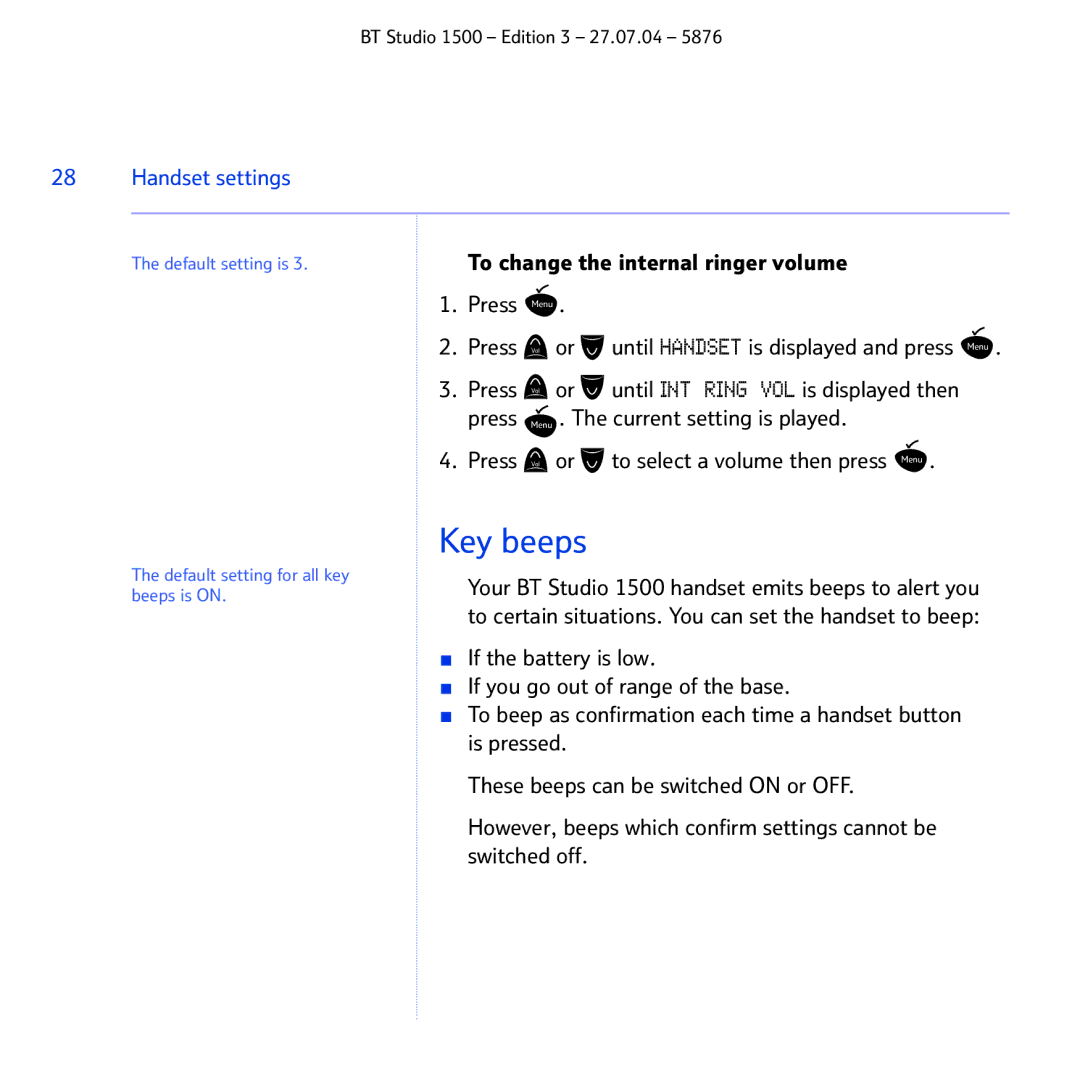 BT 1500 manual Key beeps 