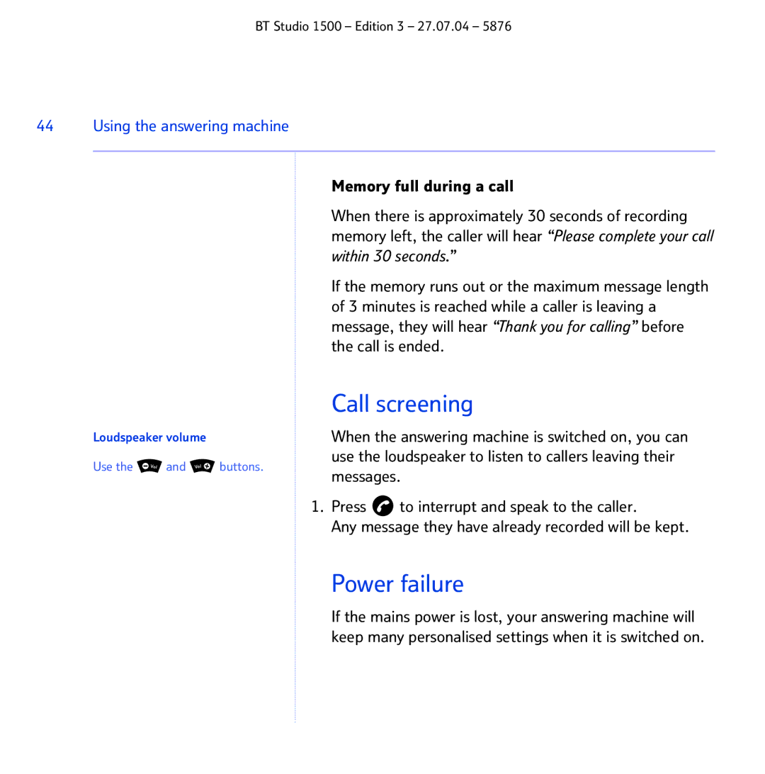 BT 1500 manual Call screening, Power failure, Memory full during a call 