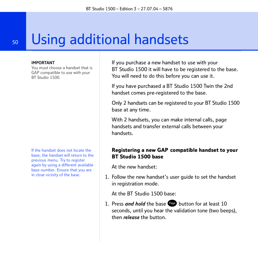 BT 1500 manual Using additional handsets, If you purchase a new handset to use with your 