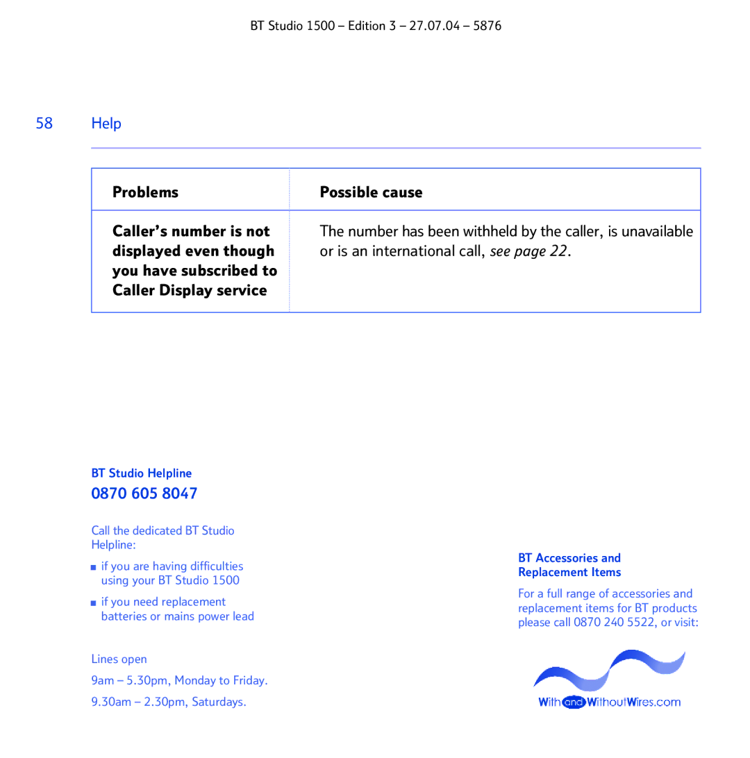 BT 1500 manual Problems, BT Studio Helpline, BT Accessories Replacement Items 