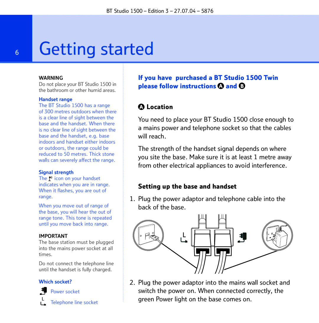 BT 1500 manual Getting started, Handset range, Signal strength, Which socket? 