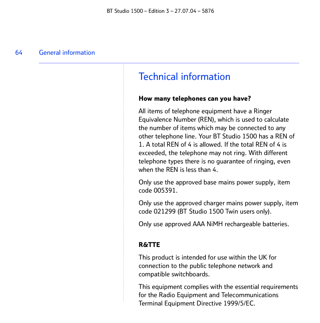 BT 1500 manual Technical information, How many telephones can you have?, Only use approved AAA NiMH rechargeable batteries 