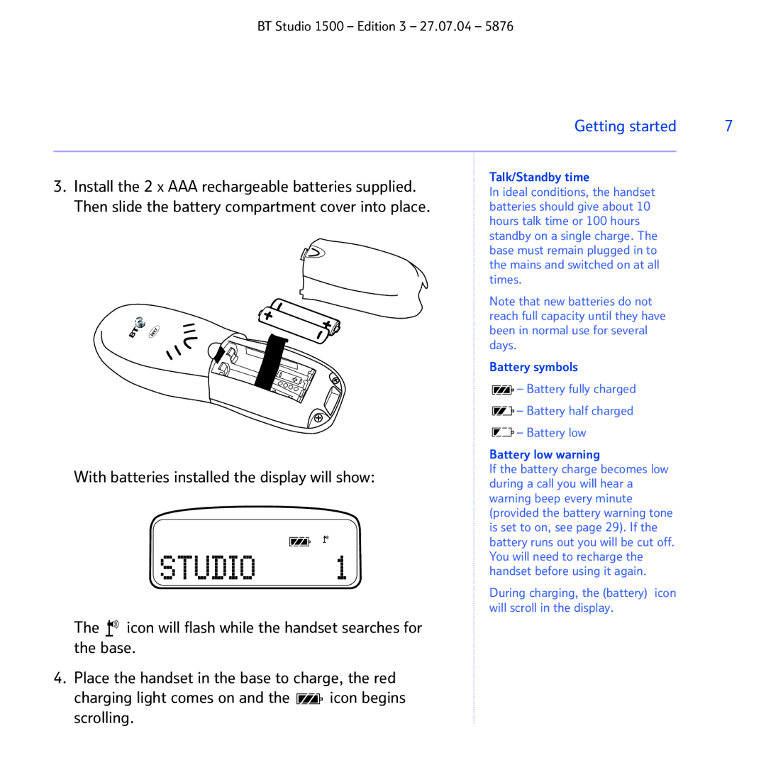 BT 1500 manual Talk/Standby time, Battery symbols, Battery low warning 