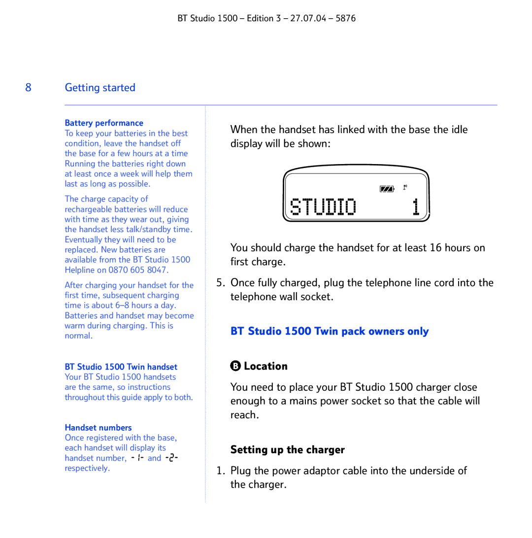 BT 1500 manual Battery performance, Handset numbers 