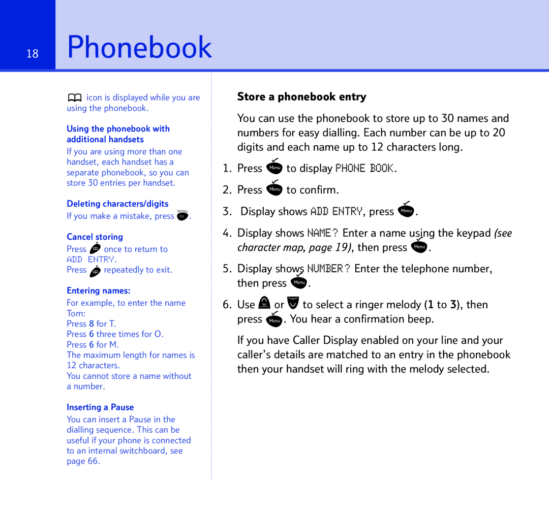 BT 1500 manual Phonebook, Store a phonebook entry 