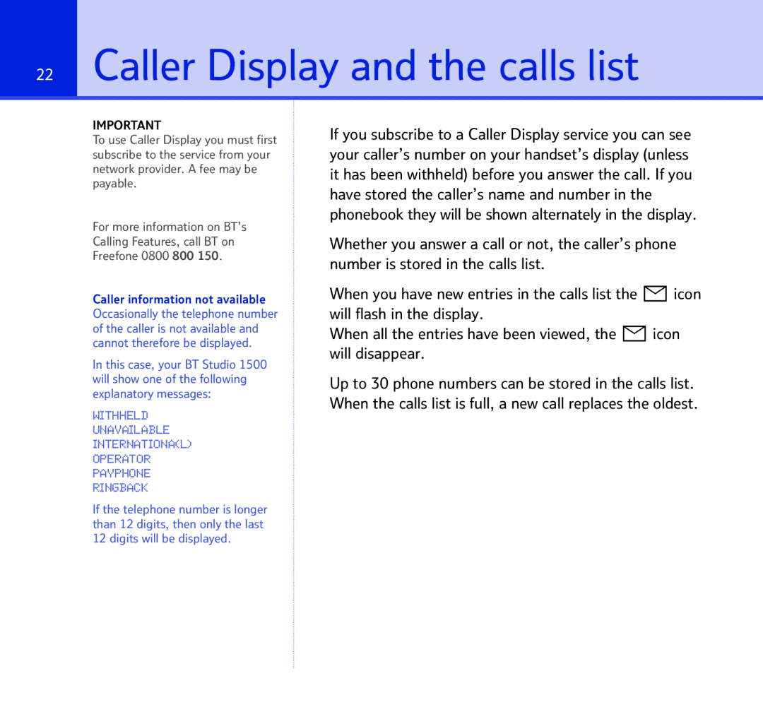 BT 1500 manual Caller Display and the calls list 